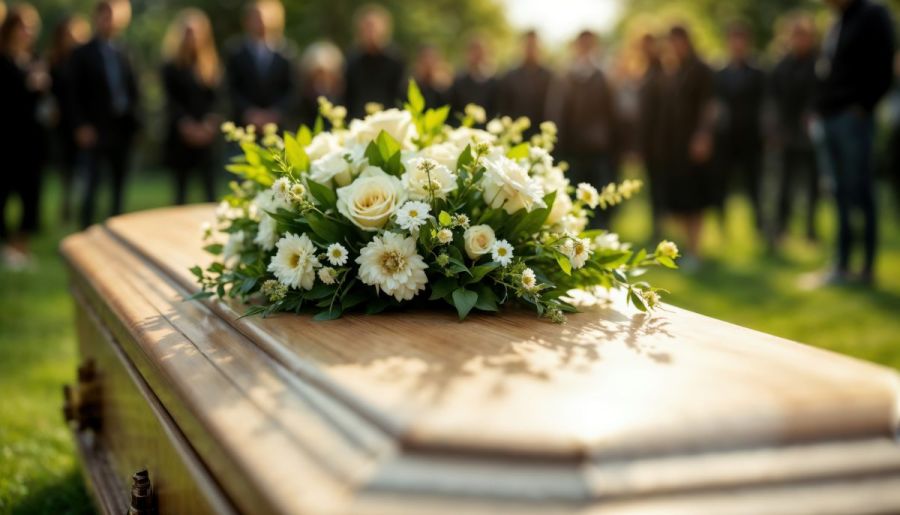 ataúd con flores blancas